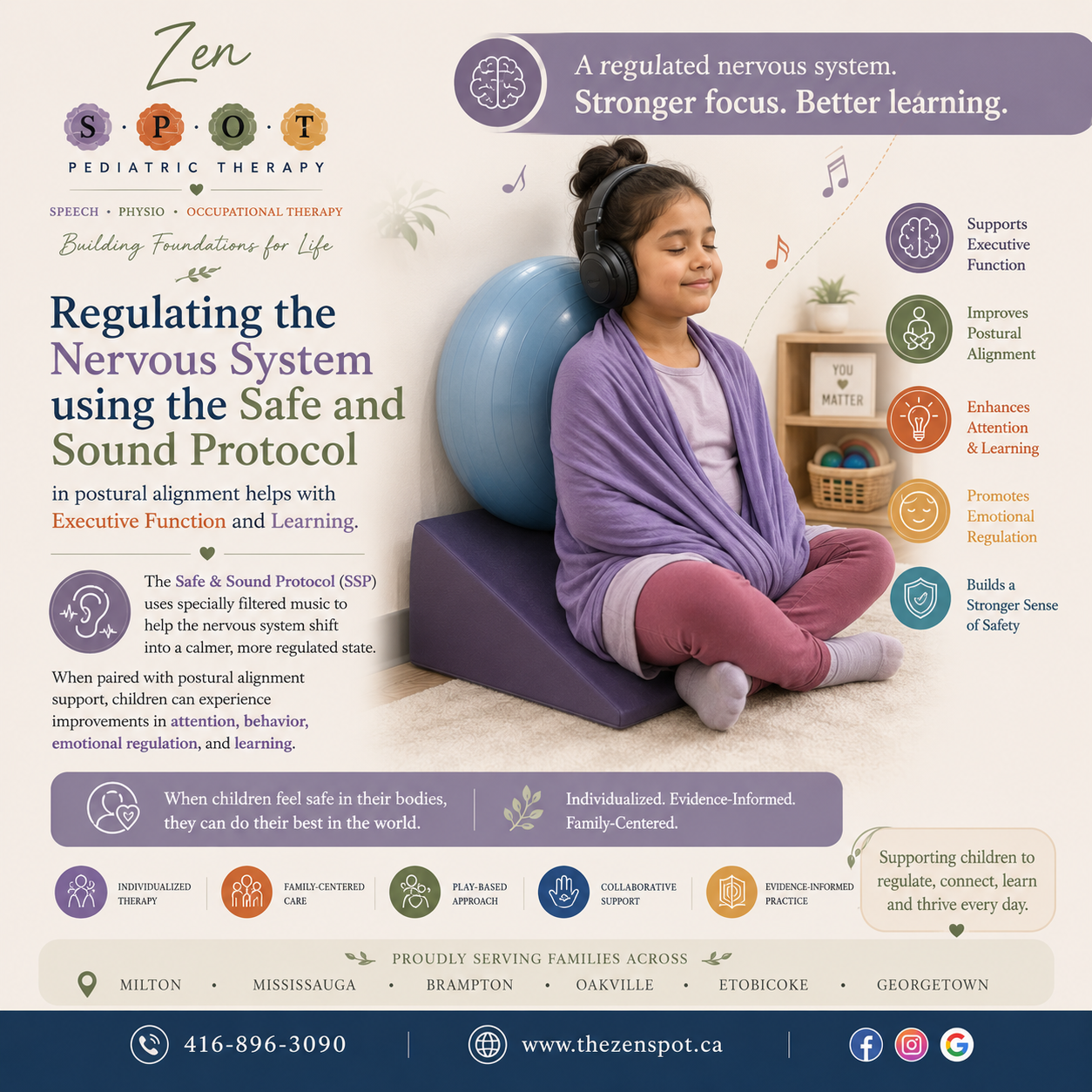 Child participating in a Safe and Sound Protocol (SSP) session to support nervous system regulation, executive function, attention, and learning at Zen S.P.O.T Pediatric Therapy.